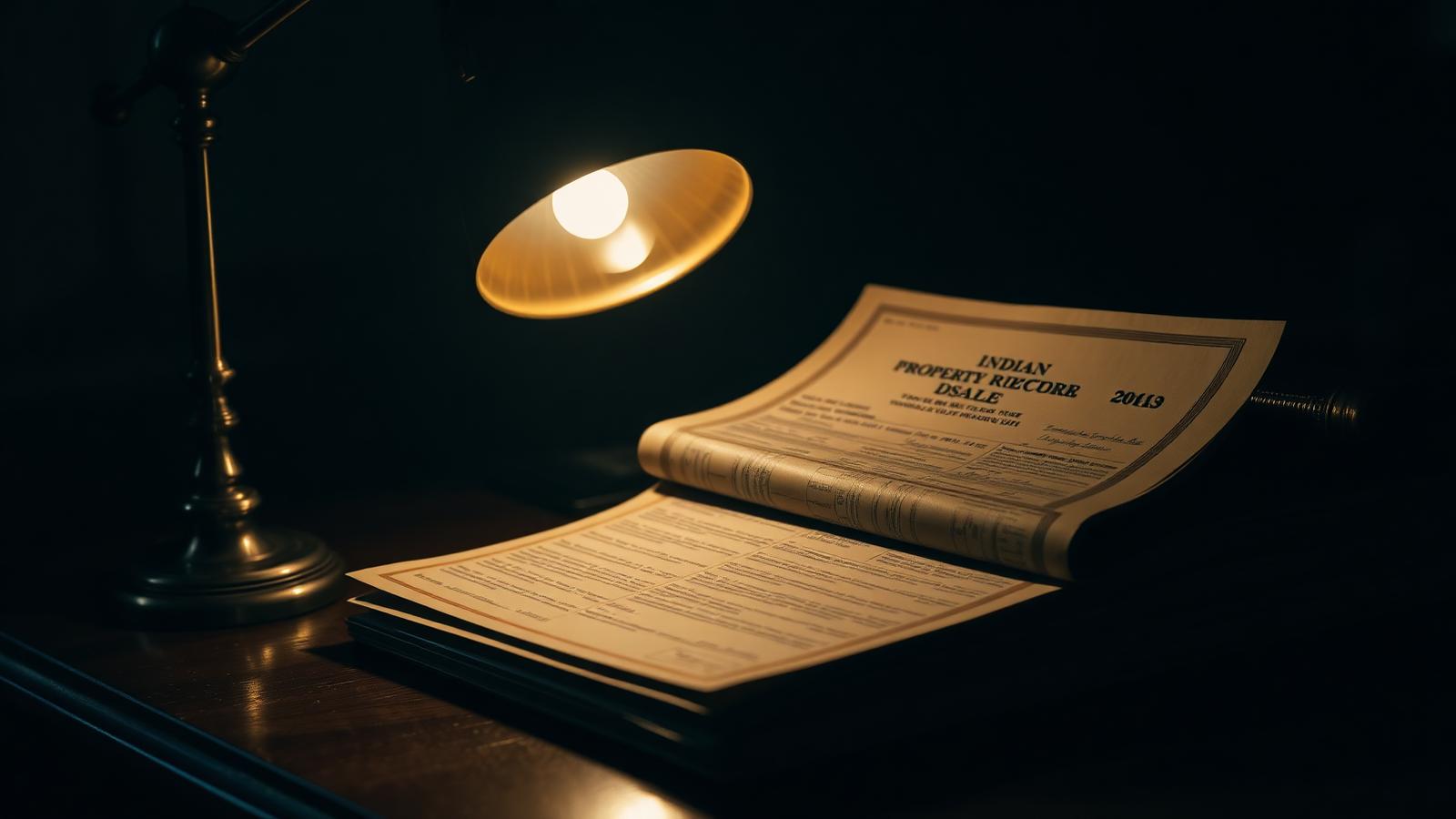 Property sale documents and a land record register on a dark wooden desk under a brass reading lamp — representative image for property legal verification