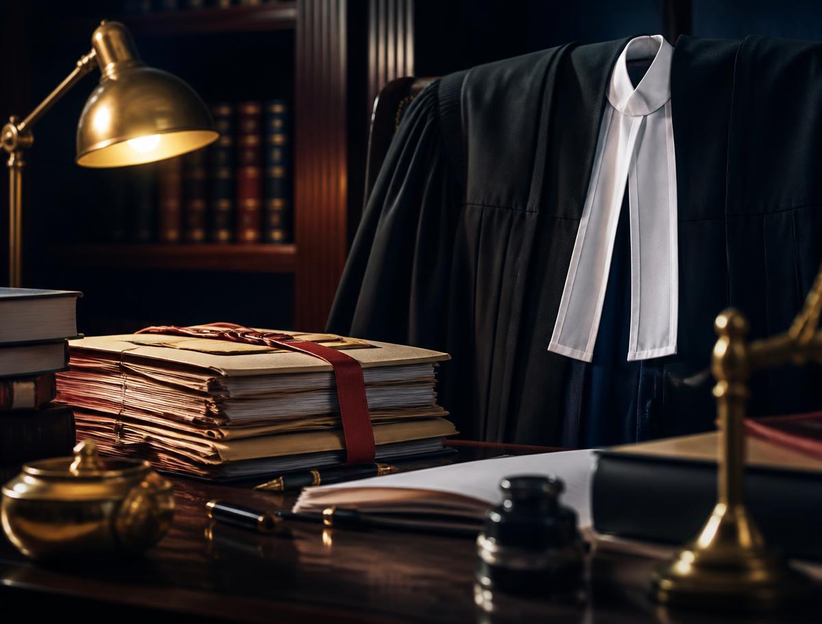 Advocate's robe and bands beside tied case files and a fountain pen on a dark wooden desk