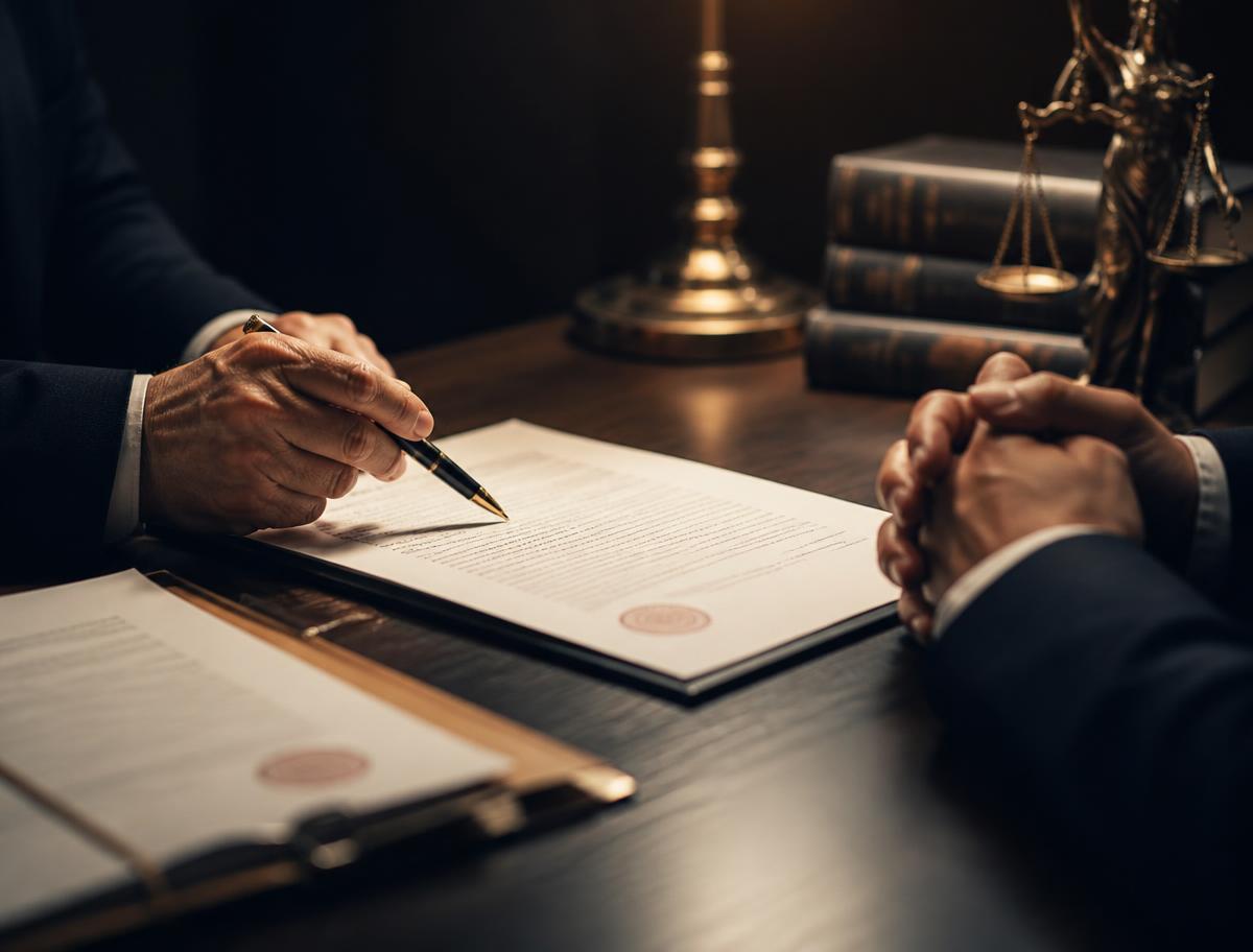 Hands of an advocate and a client reviewing a stamped legal document across a wooden table