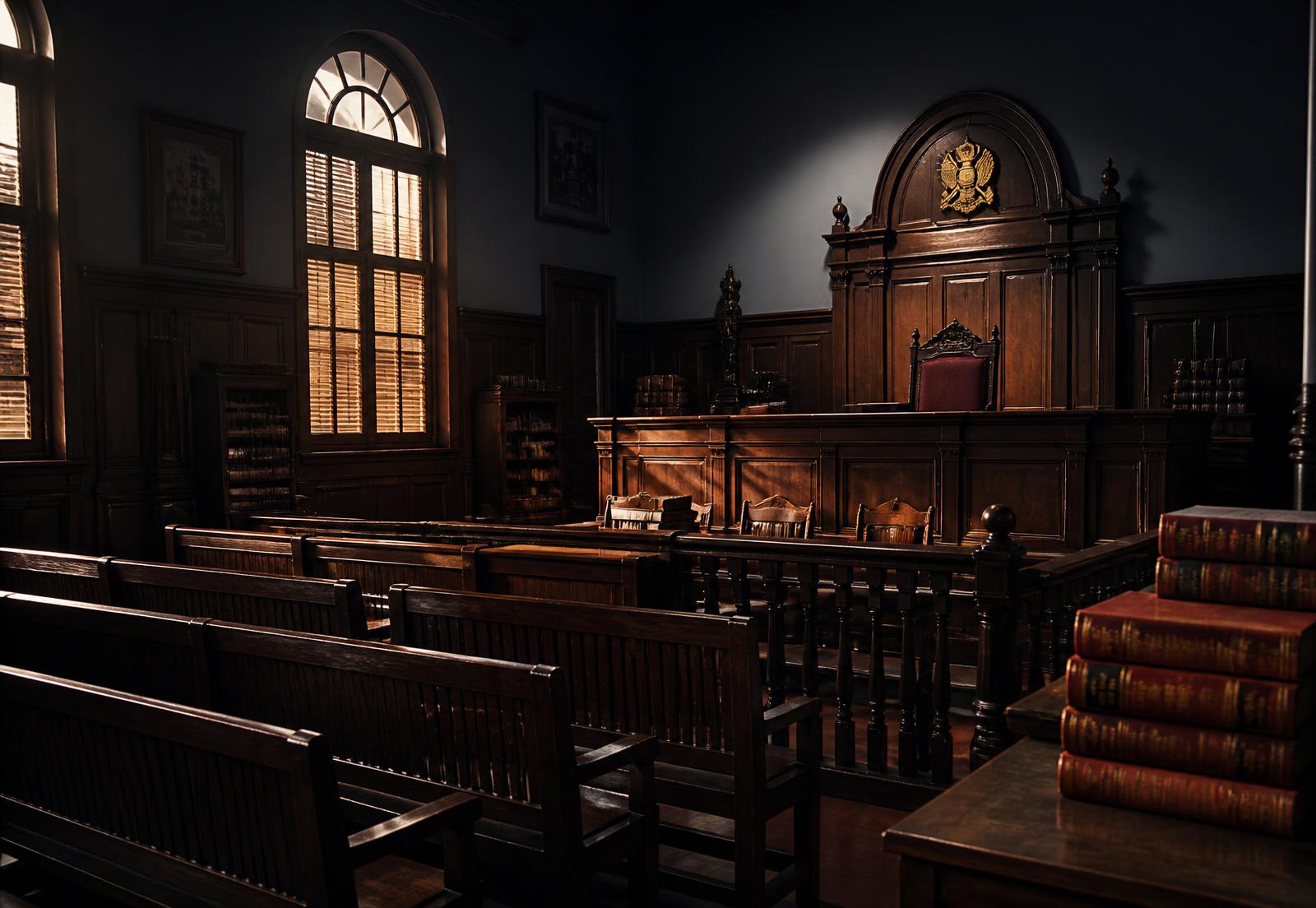 Wooden judge's bench, railing and rows of benches in an Indian district courtroom — representative legal environment